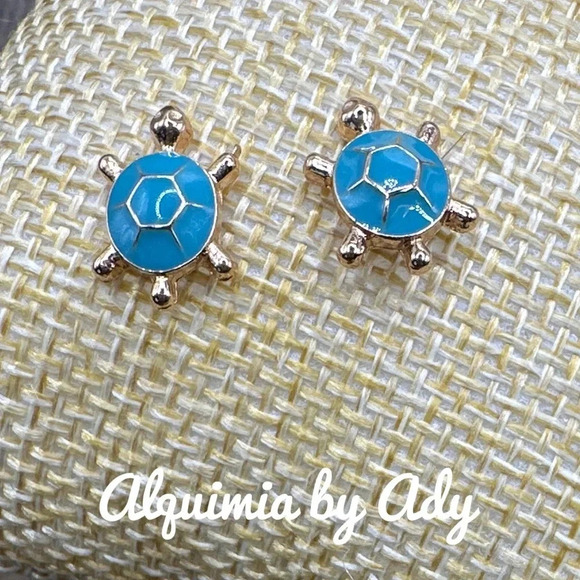 Blue Cloisonné enamel gold turtles statement stud earrings/colorful - Picture 1 of 5